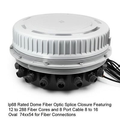 IP68-geclassificeerde koepelvezeloptische lasmof met 12 tot 288 vezeladers en 8 poorts kabel 8 tot 16 ovaal 74x54 voor vezelverbindingen